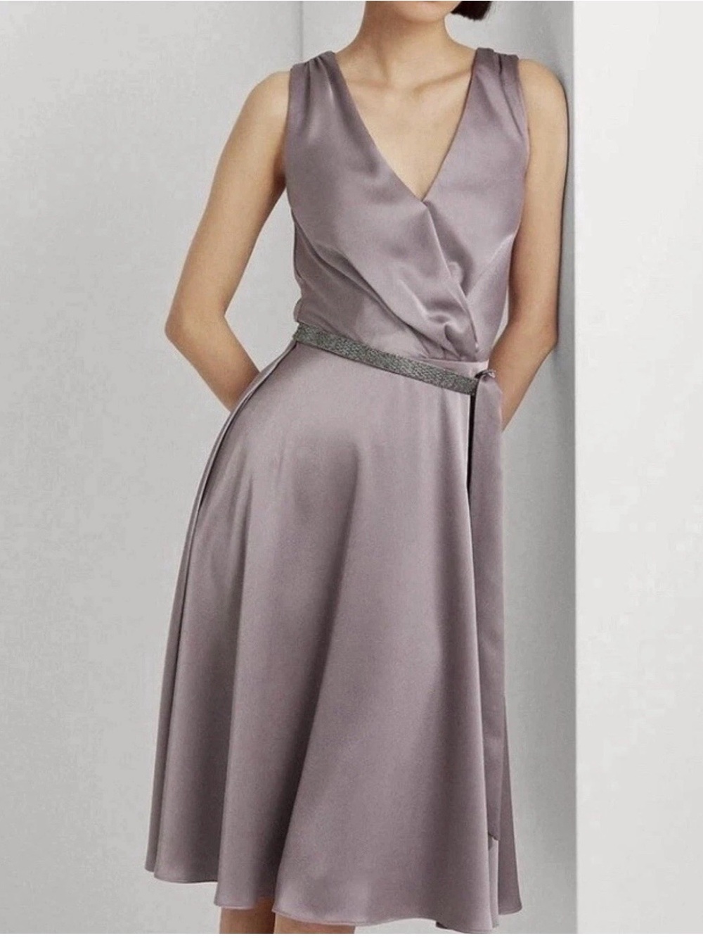 NWT Lauren Ralph Lauren Dress Size 16 Mauve Satin Faux Wrap Midi Beaded Belt